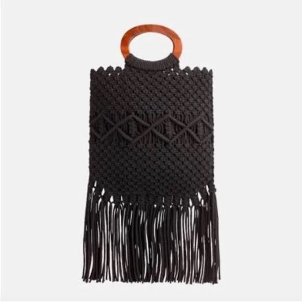 Danielle Nicole Black Macrame Bag with Wooden Handle